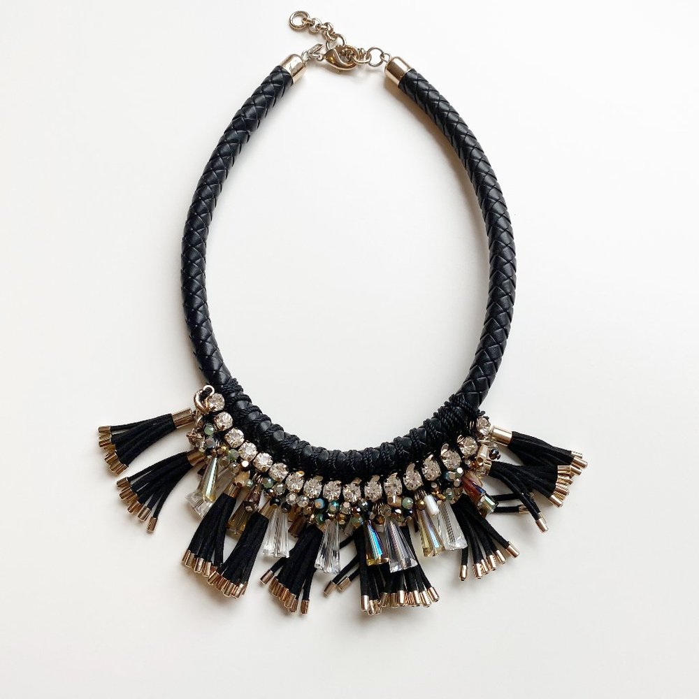 Banana Republic | Leather and Crystal Tassel Bib Necklace